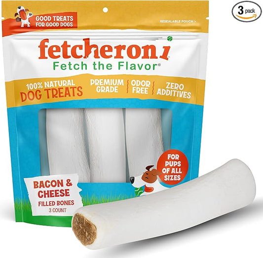 Dog Treats - Stuffed Shin Bones, Dental Chews for Dogs, Long Lasting Dog Bones, High Protein Chews with Bacon & Cheese Flavor for Small, Medium and Large Dogs, Natural - 8 oz (Pack of 3)