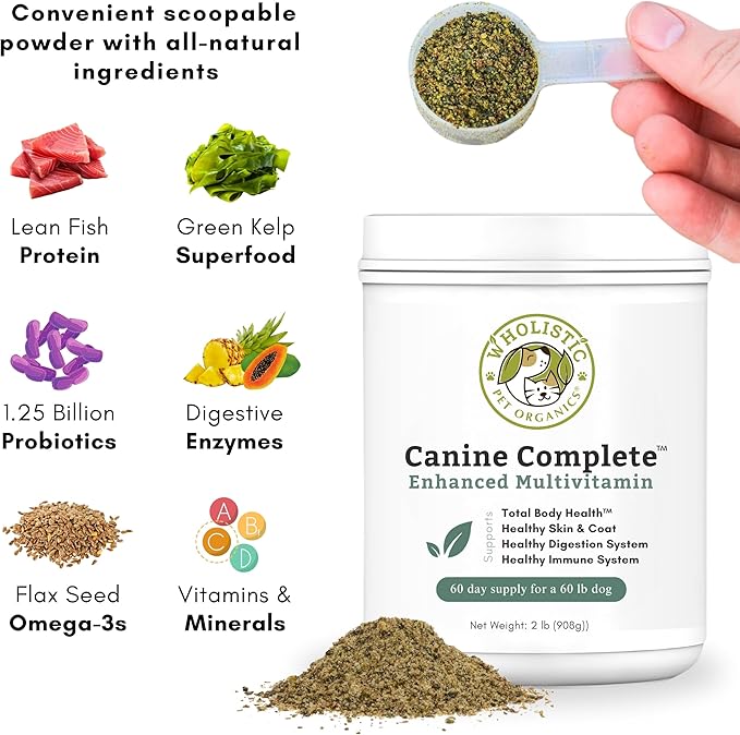 Wholistic Pet Organics Canine Complete - Dog Multivitamin Powder - 2 Lb - Daily Dog Vitamins and Supplements for Homemade Food - Immune System, Skin, Coat & Overall Health - All Breeds - 90 Scoops