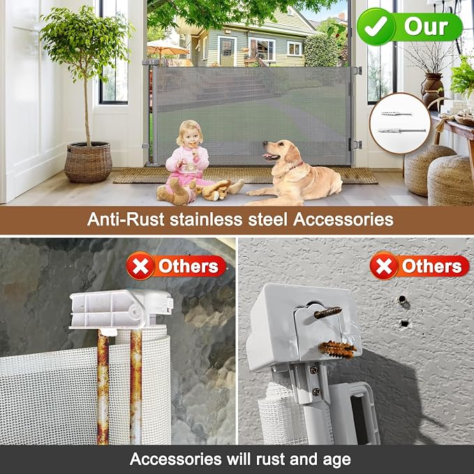 Weatherproof Outdoor Retractable Dog Gate for Deck with No Rust Stainless Steel Screws and Rods, 55" Wide Waterproof Retractable Baby Gates for Doorways, Safety Mesh Outdoor Dog Gate for Pet, Gray