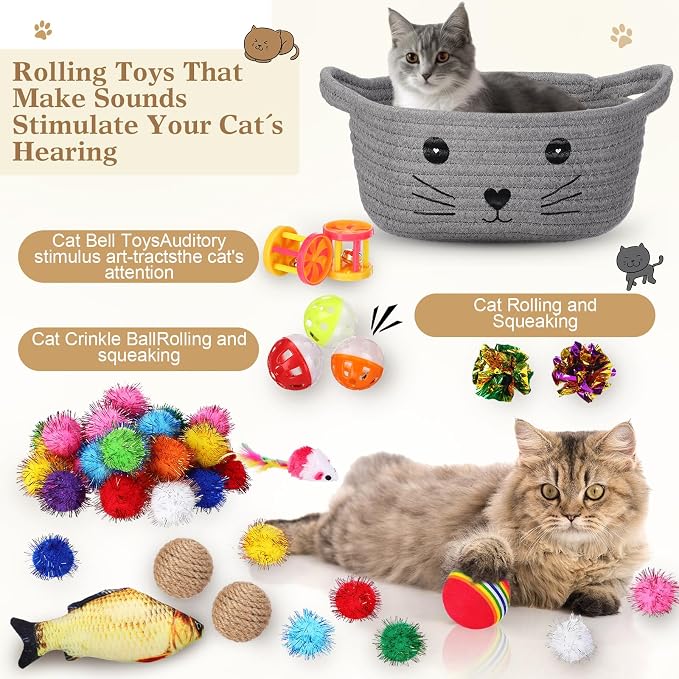 Zopeal 58 Pcs Summer Graduation Cat Storage Basket Gift Toys Set, Colorful Flashing Balls Pet Bell Crinkle Balls Spring Toys Attract Cat to Swat, Hunt, Interactive for Pet(Grey,9.8 Inch)