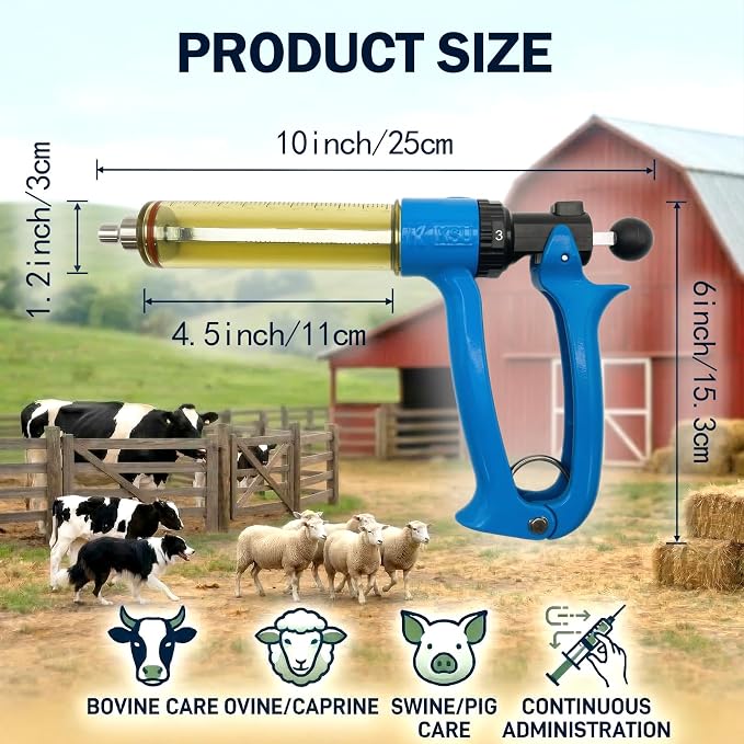 2-Pack 50mL Semi Automatic Livestock Syringe Adjustable Dosage Repeater Injector (1-5mL) with Luer Lock Tip for Cattle, Sheep, Goats & Pigs Continuous Injection Gun for Farm Herd, Blue