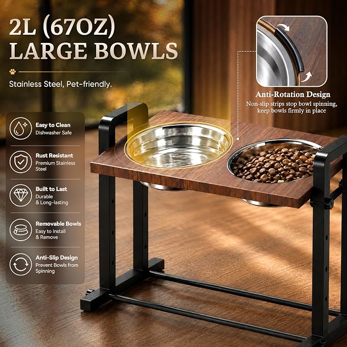 CZPET Elevated Dog Bowls Tilted Platform (0°, 7.5°, 15°), Height Adjustable Dog Bowl Stand, Stable&Sturdy Metal Raised Dog Feeding Station, 2L Large Stainless Steel Bowls for Large Medium Small Dogs