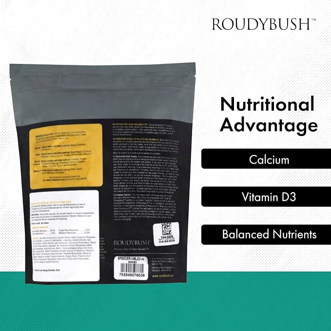 RoudyBush Breeder Food for Breeding & Weaning Birds, Pelleted Diet Made with Corn, Wheat & Soy, Daily Food for Small & Medium Parrots, Nibble Pellet, 44 OZ
