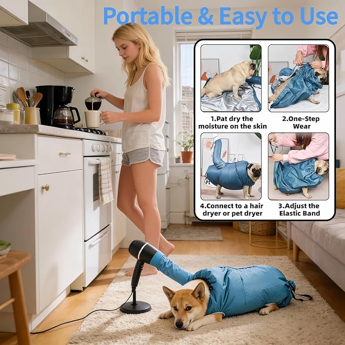 Dog Drying Bag for Large Dogs, Fast Pet Hair Dryer Kit 360° Air Circulation, Hands-Free Blow Dryer Compatible with Hair Dryer/Blower, Anti-Splash & Overheat Protection for Small Medium Large Dogs Cats