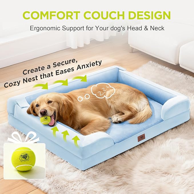 Orthopedic Memory Foam Dog Bed, 36x27, Waterproof for Large Dogs | Removable, washable cover • Waterproof memory foam liner • Bolstered couch design for joint relief • Includes tennis ball toy