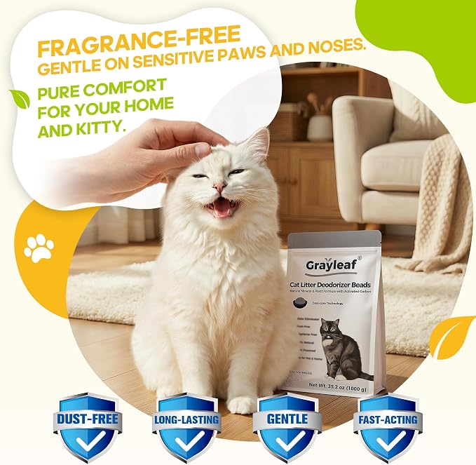 Grayleaf Unscented Cat Litter Deodorizer, 2.2lb(35.2oz) Odor Eliminator for Litter Box | Activated Carbon & Mineral Beads, Dust-Free Pet Odor Absorber, Baking Soda Free for Multi-Cat & Automatic Boxes