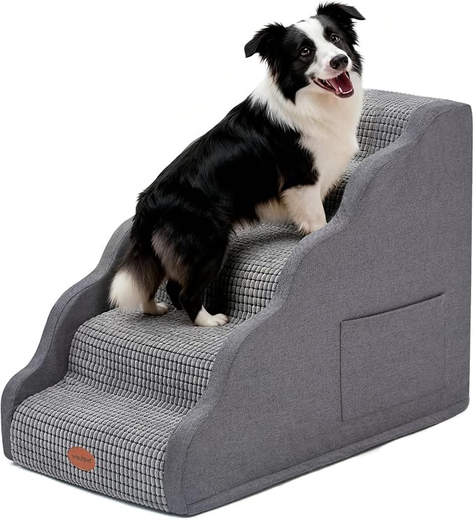 Woochpet Side Armrest Dog Stairs for High Beds Up to 26-30", 5-Step Pet Ramp with Weighted Base Plate, Washable Cover, Gentle Slope Steps, Bed & Couch Ladder for Small Medium Dogs & Senior Cat