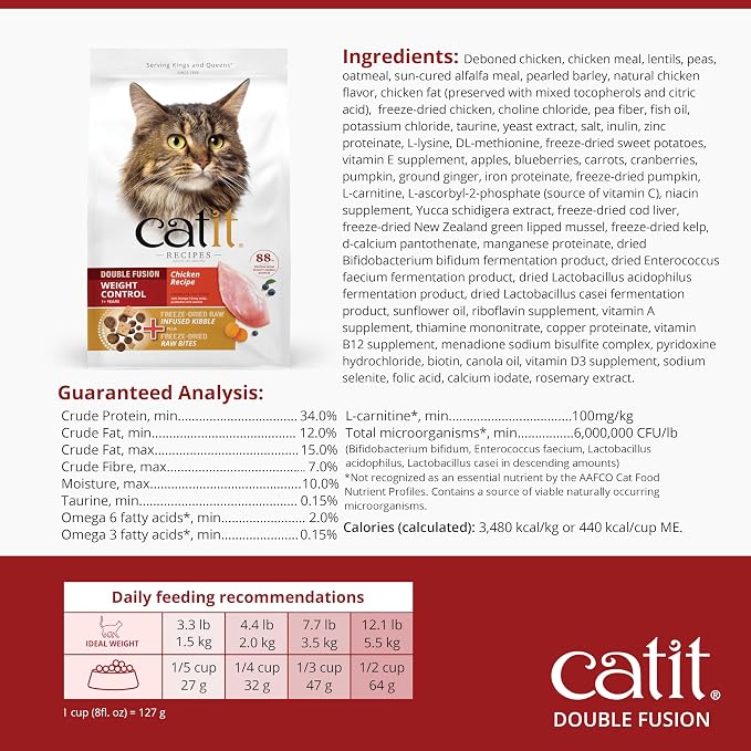 Catit Recipes Double Fusion Weight Control Cat Food – Chicken Recipe, High-Protein, Freeze-Dried Raw Toppings, No by-Products, Minimally Processed, Balanced Nutrition, 10 lb