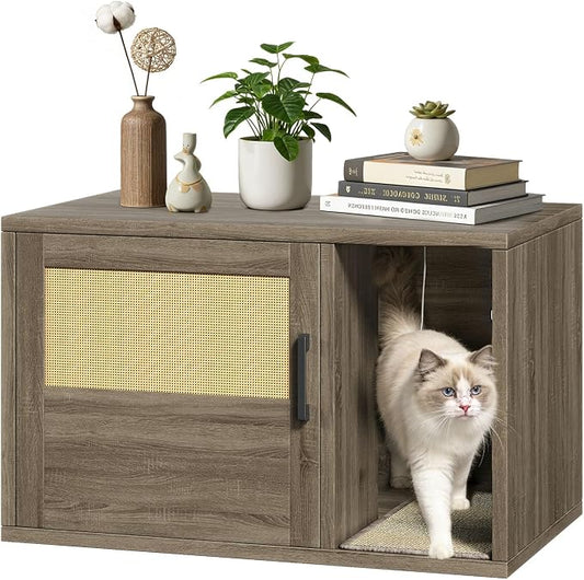 Cat Litter Box Enclosure, Hidden Litter Box Furniture with Door & Bell, Pet House Fit Most of Litter Box, Oak Gray