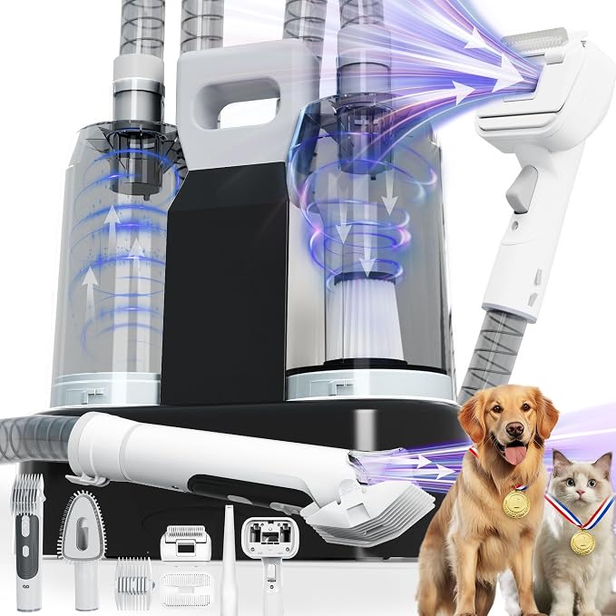 FOTING Dog Grooming Vacuum & Dryer Kit, 2.1L Double Dust Cup 10000pa Dogs Vacuums for Shedding Grooming, 6 in 1 Grooming Tools Cleaning, Low Noise Pet Grooming Vacuum for Dogs, Black