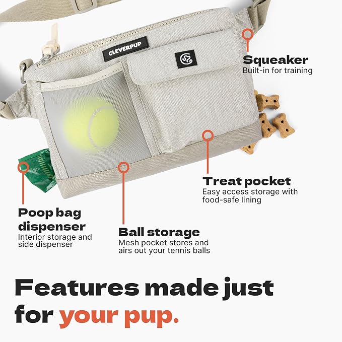 Cleverpup Dog Walk & Train Sling Bag - Hands-Free Dog Walking & Training Bag with Treat Pouch, Poop Bag Holder & Phone Pocket - Crossbody or Fanny Pack, Adjustable Strap - Sand
