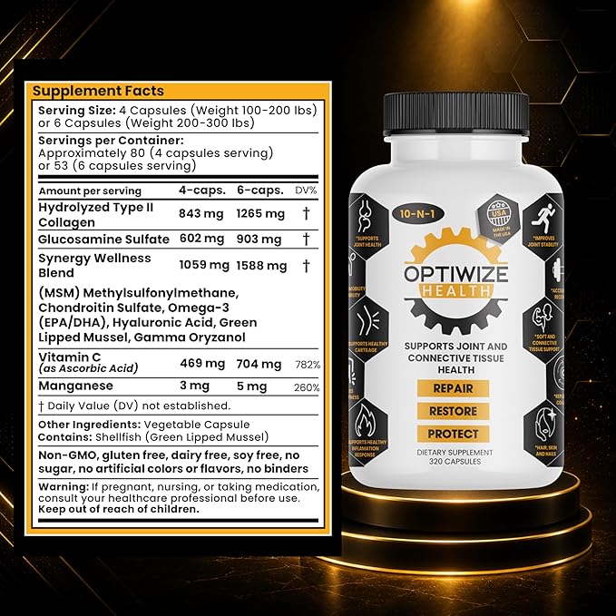 OptiWize 10-N-1 Joint Support Hydrolyzed Collagen,MSM, Hyaluronic Acid, Glucosamine,Chondroitin & More- Targets Joint Discomfort, Improves Mobility & Flexibility 320 Caps for Men & Women Made in USA