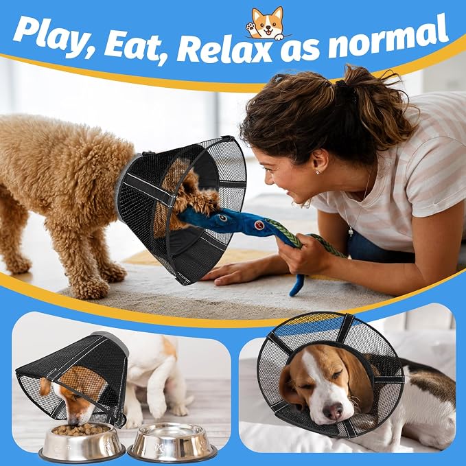 Dog Cone Collar After Surgery to Stop Licking: Soft Grid Recovery Collar with Detachable Pad, Elizabeth Cone Alternative for Large Medium, Small Dogs, Normal Eating and Drinking,S,Jet Black
