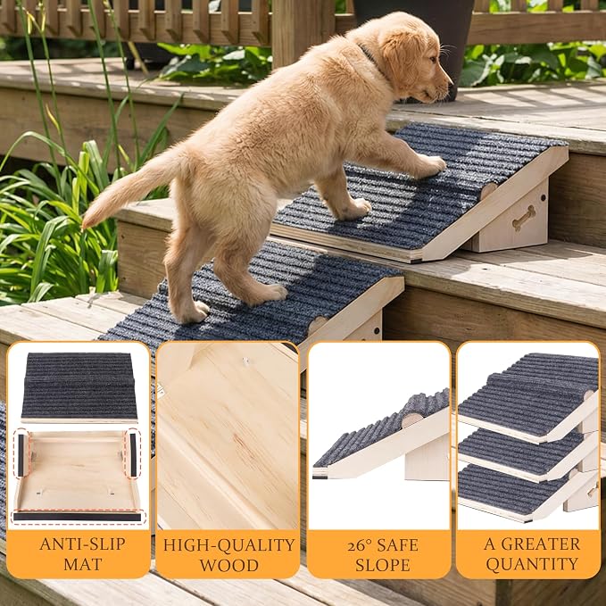 3 Pack Wooden Dog Ramp for Stairs,13L*9W*5H''+26°Slope,Fit for Stair 9-11D''5-7''H,Friendly to Short-Legged/Small/Injured/Aged Dogs with High Support,with Anti-Slip Pads for Climbing Safely