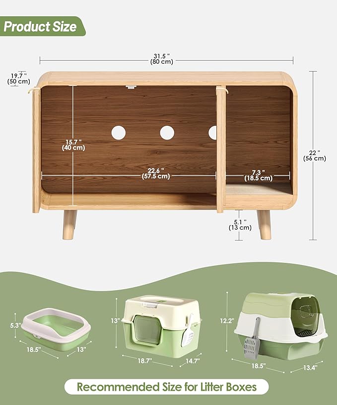 Fluted Cat Litter Box Enclosure with Solid Wood Legs, Hidden Cat Litter Cabinet, Modern Cat House Furniture, Reduce Litter Tracking, 31.5 x 19.7 x 22 Inches, for Living Room, Bedroom, Oak