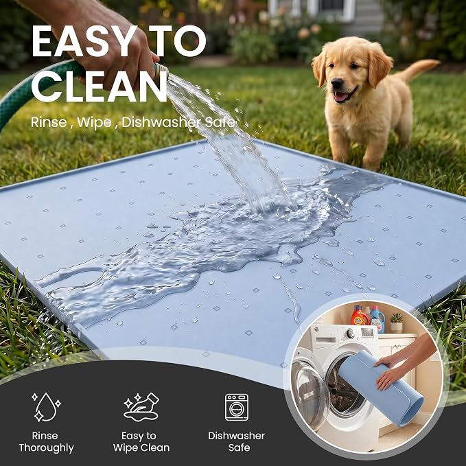 Silicone Pet Feeding Mat, 26x26 Inch Waterproof Dog Bowl Mat – Non-Slip, Machine Washable, Thin 0.28 Inch Edge for Messy Eaters, Protects Hardwood & Tile Floors, Blue