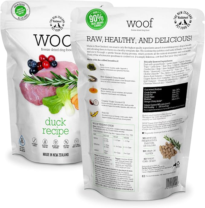 The New Zealand Natural Pet Food Co. WOOF Freeze Dried Dog Food - Duck Recipe, High Protein Dog Food, Natural Dog Treats, Toppers & Meals - 35 Ounce (Pack of 1)
