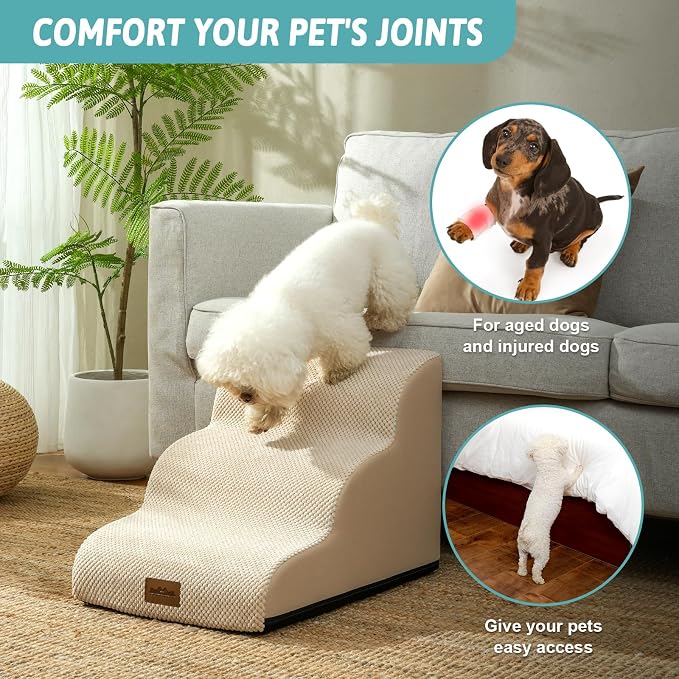 COZY KISS Wide Dog Stairs for Small Dog 15.7" H, Pet Step for Puppy, Older Cat, Curved Ramp for Couch, Durable Anti-Slip Ladder with High Density Foam, 3 Step, 17.7x22.4x15.7 inch, Beige