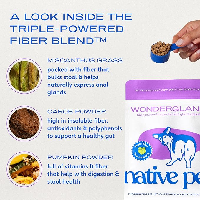 Native Pet WonderGland - Dog Anal Gland Supplement - Promotes Firm Stools, Natural Gland Expression to Help Reduce Scooting - Fiber Food Topper with Miscanthus Grass, Pumpkin & Probiotics - 60 Scoops