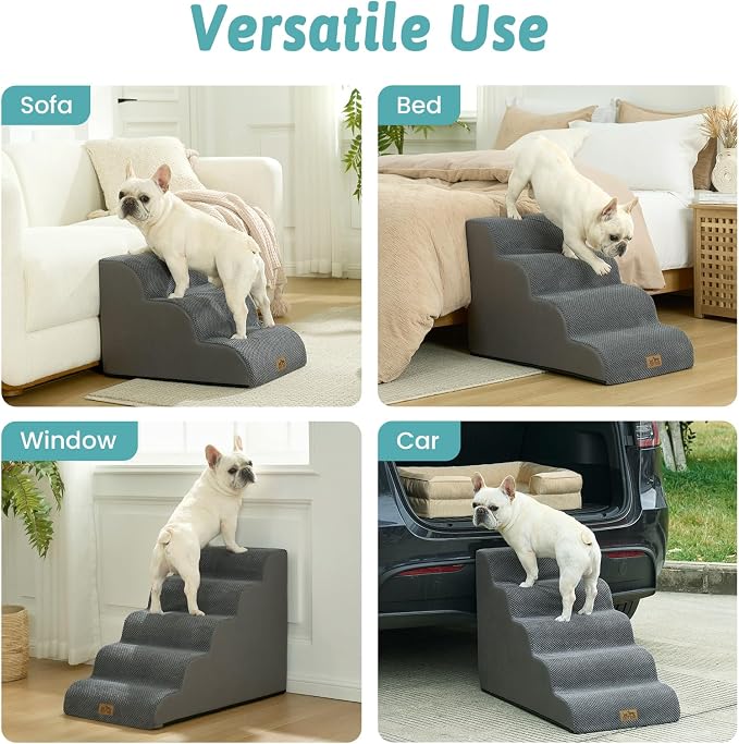 COZY KISS Wide Dog Stairs for Small Dog 15.7" H, Pet Step for Puppy, Older Cat, Curved Ramp for Couch, Durable Anti-Slip Ladder with High Density Foam, 3 Step, 17.7x22.4x15.7 inch, Dark Grey