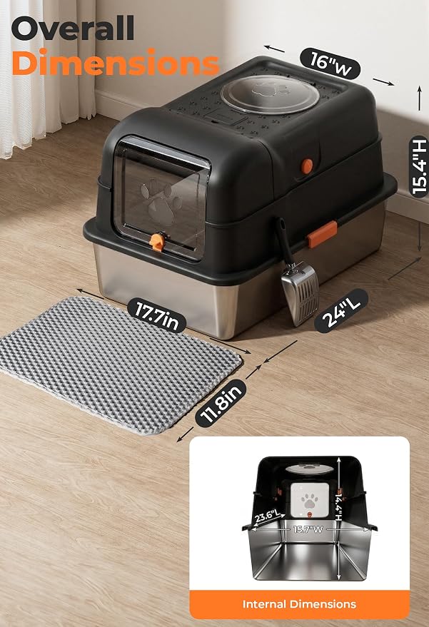 24″Lx16″Wx15″H Non-Stick Stainless Steel Litter Box with Lid, No-Mess Odor Control Anti-Leak Cat Litter Box, 3-in-1 Fully Enclosed High-Sided Litterbox with Flip Top (Black)