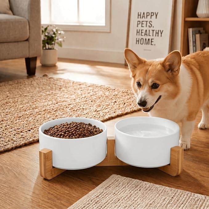 SPUNKYJUNKY Ceramic Dog and Cat Bowl with Wood Stand Non-Slip Matte Glaze Weighted Food Water Set for Cat Medium Dog 28.7 OZ
