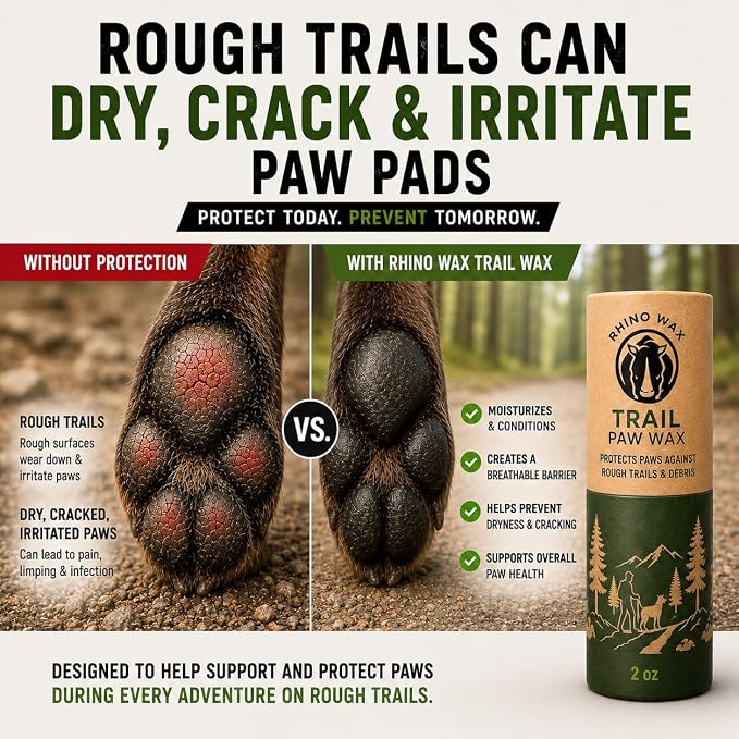 Rhino Wax - Dog Paw Trail Wax 2oz - Use Before Taking Dogs on a Hike - Balm Helps Protect Against Rocks, Uneven Terrain, Thorns, Glass - Moisturizes and Improves Elasticity - Lick-Safe - Made in USA