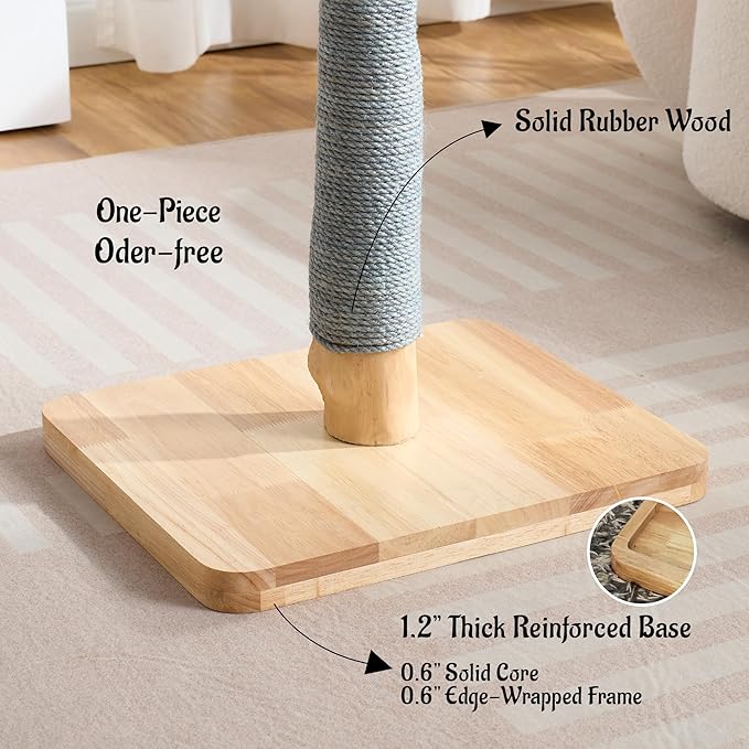 29" Tall Solid Wood Cat Scratching Post for Indoor Cats, Extra Stable Heavy Base, Natural Sisal Scratcher with Hanging Ball, Furniture Protector for Kittens & Adult Cats, Grey