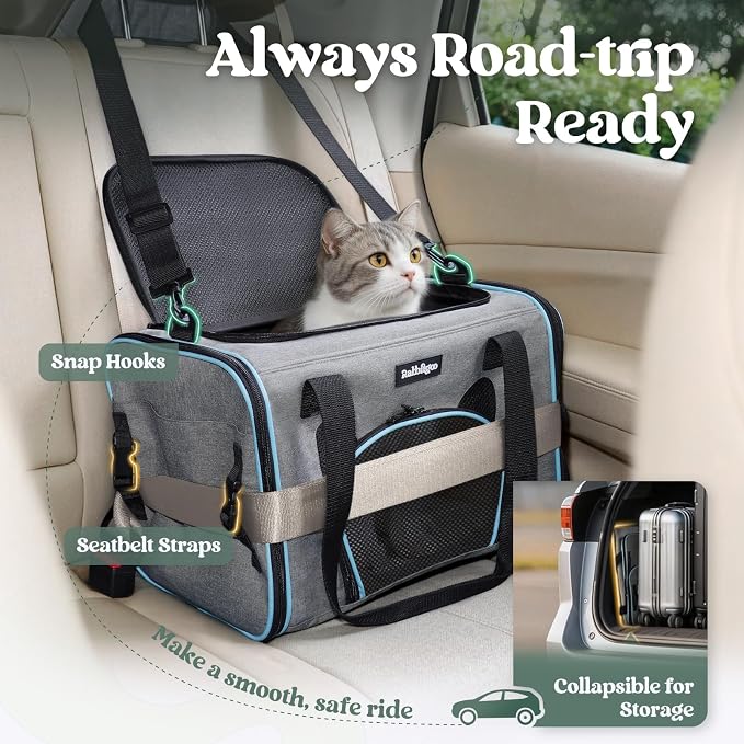 rabbitgoo Cat Carrier Soft Sided, Stable Portable Pet Carrier with Safety Buckles for Car Travel Vet Visit Airline, Comfortable Breathable Kitten Bag for Small Medium Cat, Grey, 17x11x11 inch