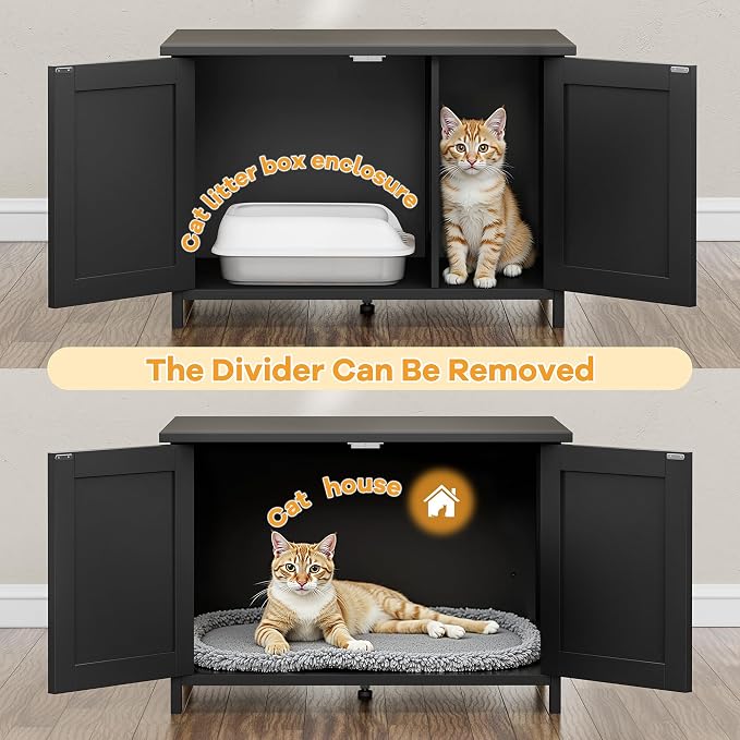 Shintenchi Cat Litter Box Enclosure, Litter Box Furniture Cabinet Hidden with Removable Divider, Wooden Cat House with End Table, Black, 31.5 inch
