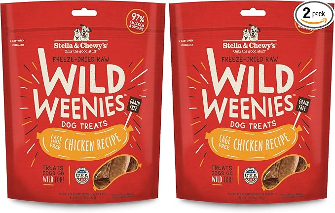 Stella & Chewy's Freeze-Dried Raw Wild Weenies Dog Treats - High-Protein Training Treats for Dogs & Puppies - All-Natural Chicken Recipe with 97% Meat & Organs - USA Made - 3.25 oz Bag (Pack of 2)