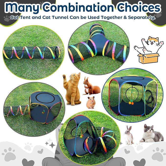 CypherX Outdoor Rainbow Cat Enclosure, 7 in 1 Portable Cat Tents for Outside Cage Free Outside Pop up Pet Enclosure Cat Tunnel Outdoor Playground for Indoor Cats and Small Animals