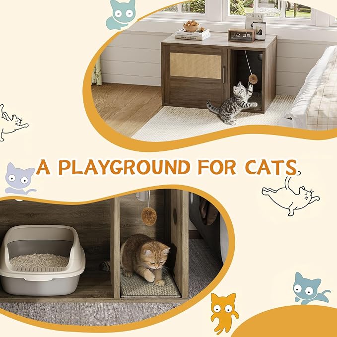 Cat Litter Box Enclosure, Hidden Litter Box Furniture with Door & Bell, Pet House Fit Most of Litter Box, Oak Gray