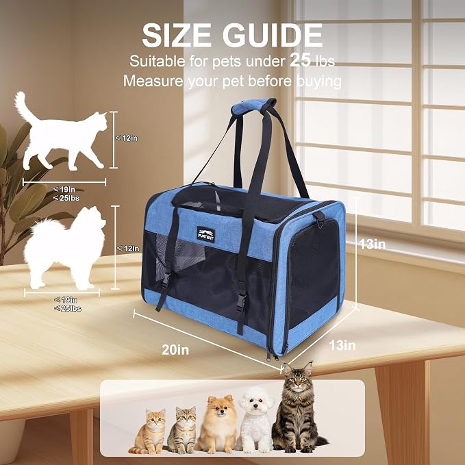 Soft Sided Cat Carrier for Large Cats, Pet Carrier for 2 Cats or Small Dogs Up to 25Lbs, Large Cat Carrier with Shoulder Strap, Cat Car Carrier with Safety Rope, Cat Carriers 20x13x13 inches, Blue