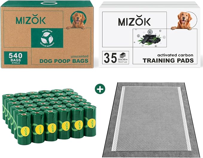 MIZOK Dog Poop Bags Rolls 540 Count & Dog Pee Pads 30x36in Extra Large, 35 Count, 65% Recycled Material Poop Bags for Dogs, Leakproof, Extra Thick Durable, Charcoal Puppy Pads, Super Absorbent