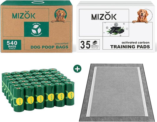 MIZOK Dog Poop Bags Rolls 540 Count & Dog Pee Pads 30x36in Extra Large, 35 Count, 65% Recycled Material Poop Bags for Dogs, Leakproof, Extra Thick Durable, Charcoal Puppy Pads, Super Absorbent