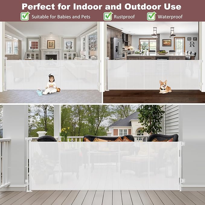 Reinforced 41" Extra Tall Retractable Dog Gate 100" Wide Retractable Baby Gates with Support Rods, Outdoor Retractable Gates for Dogs Indoor Extra Tall Baby Gate Child Gates for Wide Openings, White