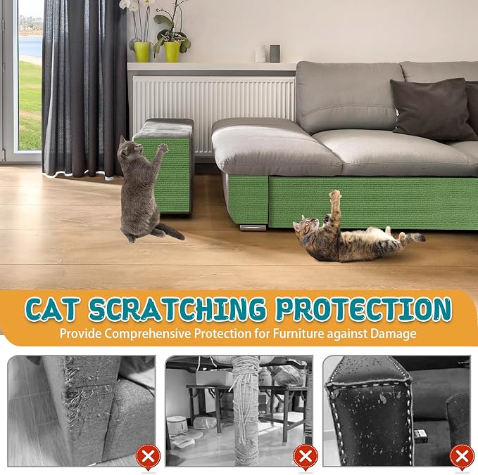 Climbing Cat Scratcher Mat Trimmable Cat Scratching Post Carpet 39.3’’x15.8’’ Self Adhesive Carpet Mat Pad Replacement for Cat Tree Shelves Post Couch Wall Furniture Steps DIY Protector (Green)