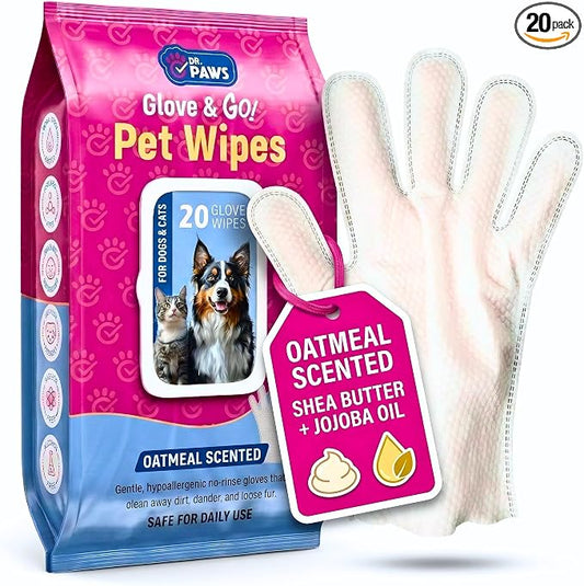 Glove & Go Grooming Wipes for Dogs & Cats - Paraben Free, Alcohol Free, Lick-Safe, Hypoallergenic, Oatmeal Scented Dog Wipes for Paws and Butt, Puppy Wipes (20 Count)