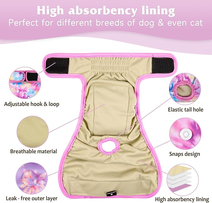 Dog Diapers Female 5pcs,Reusable Dog Doggie Puppy Doggy Diapers Female, Period Panties in Heat, Tiedye, Large