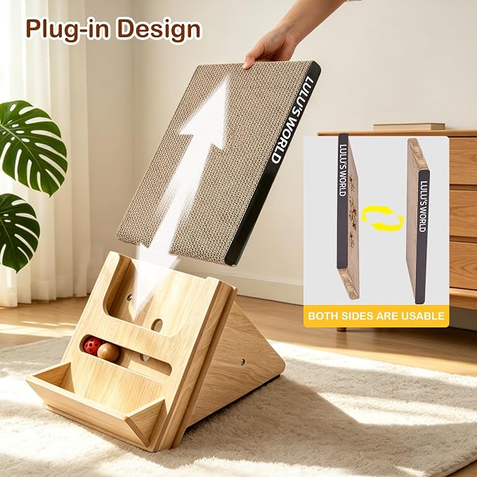 Lulu's World Cat Scratcher with Wooden Stand, Replaceable Scratching Cardboard with Ball Toy for Indoor Cats,Cat Scratch Pad Wall Mounted for Indoor
