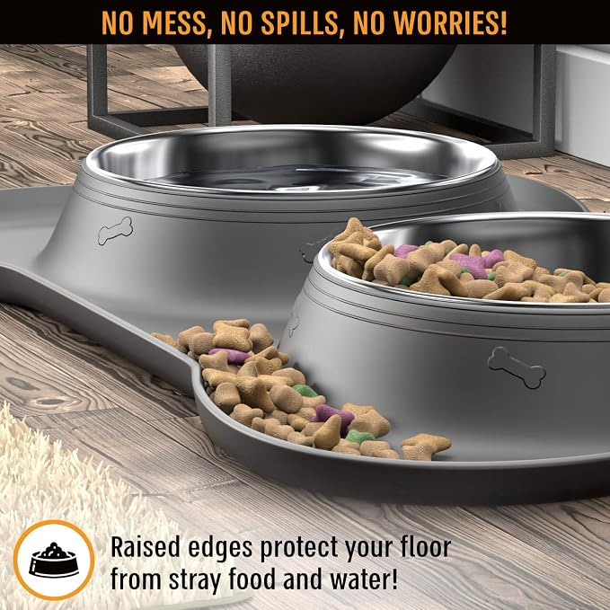 Active Pets Dog Bowl Set, Stainless Steel No Spill Mess-Proof Food & Water Food Bowls with Skid Resistant Silicone Mat, Dog Bowls Small Size Dog, Medium, & Large, Pet Puppy Bowls & Dishes