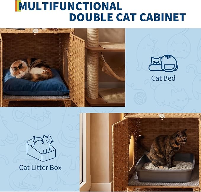 Rattan Litter Box Enclosure Double Room Cat Hidden Litterbox Furniture with Removable Litter Mat & 2 Hooks, Natural Cat House End Table, Easy Assembly, 47.2" l x 19.7" w x 23.6" h Natural