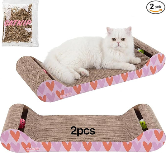 Rini 23.75" Modern Cardboard Cat Scratcher Lounge Bed with Built-in Bell Toys and Catnip, Ergonomic Curved Sofa Design, Pink/Red, Set of 2 CSR1003D-SET2