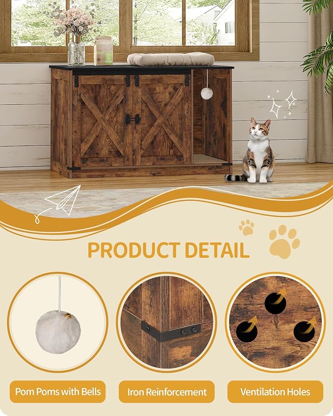 Hzuaneri Cat Litter Box Enclosure, Hidden Litter Box Cabinet Furniture with Bell, Indoor Cats House, Farmhouse Style, 39.4 x 21.7X 24.8 Inches for Hallway, Bedroom, Rustic and Black CB85201X