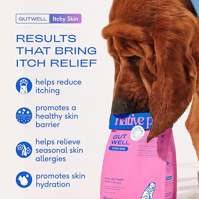GutWell Itchy Skin - Dog Itching Skin Relief & Seasonal Allergy Itch Relief for Dogs - Promotes Skin Hydration, Elasticity & Healthy Barrier with Triple-biotic Blend, Zinc, & Vitamin E - 120 Scoops