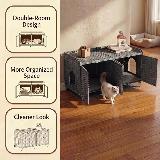 Cat Litter Box Enclosure Furniture, Handwoven Rattan Cat Houses, Hidden Cat Washroom Furniture with Door/Mat, Large Space Cat Houses with S-Shaped Hooks, Living Room, Bedroom, Gray