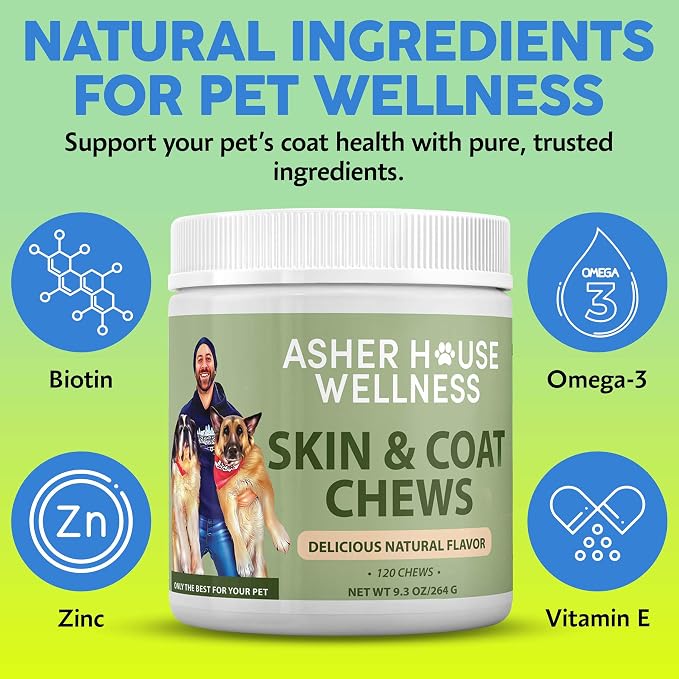 Asher House Wellness Skin & Coat Chews - Now Lillie & Lee - Dog Itching Skin Relief with Omega 3, 6, 9, Fish Oil, Biotin - Dogs Itchy Paw Licking Chewable Treats - 120 Soft Chews