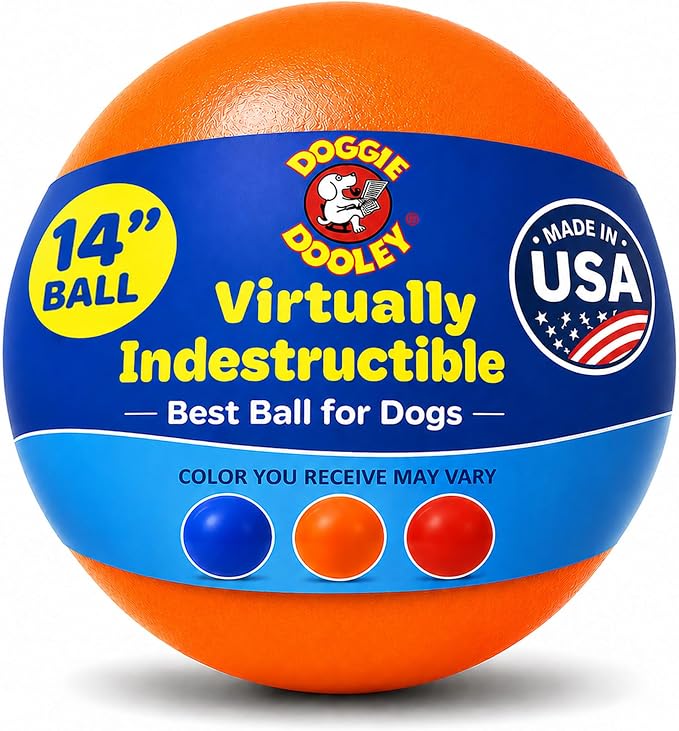 Doggie Dooley Virtually Indestructible Dog Ball - 14 Inch Hard Plastic Interactive Dog Toy for Large Breeds Over 75+ lbs - Built for Herding & Push Play - Floats in Water, Made in USA - Orange