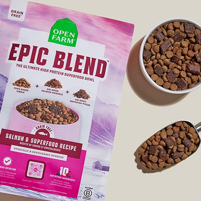 Open Farm, Epic Blend Grain Free High Protein Dry Dog Food, Probiotic Coated & Bone Broth Infused Kibble with Air Dried Meat & Organs, Salmon & Superfood Recipe, 18lb Bag